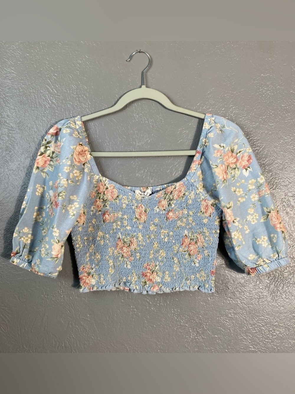 American Eagle Floral Smocked Crop Top XXS Blue Cottagecore Romantic Boho